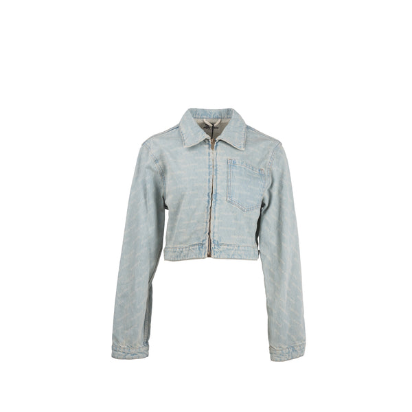 Miu Miu Size 38 Logo-Print Cropped Denim Jacket Cotton Blue