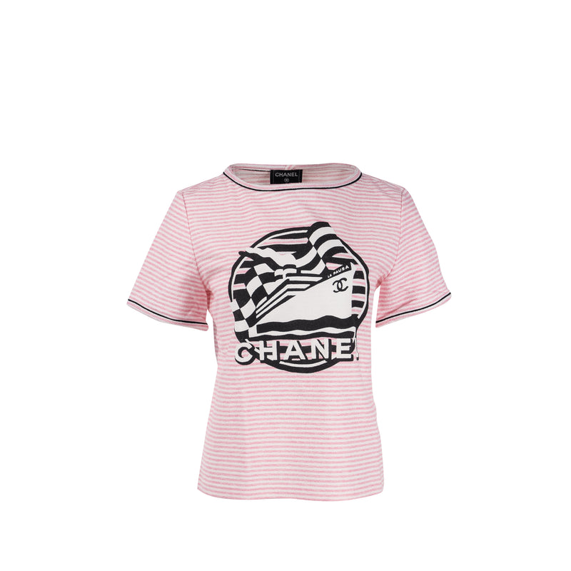 Chanel Size 36 19C LA PAUSA Striped Terrycl T-shirt Cotton/Polyamide/Elastane Pink/White