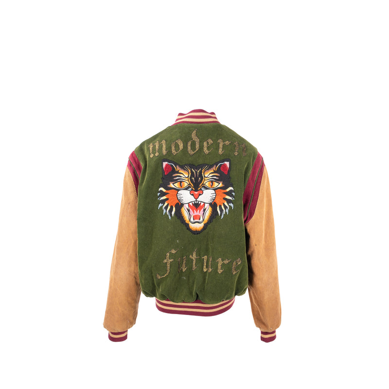 GUCCI Size 48 Embroidered Corduroy ‘Modern Future’ Bomber Jacket Cotton Multicolour