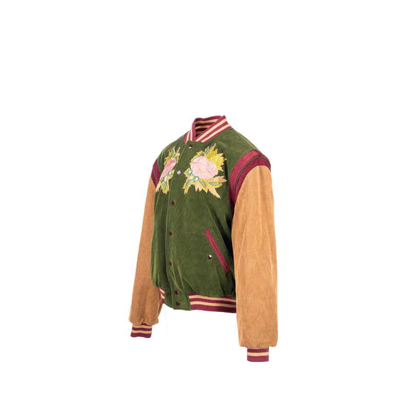 GUCCI Size 48 Embroidered Corduroy ‘Modern Future’ Bomber Jacket Cotton Multicolour