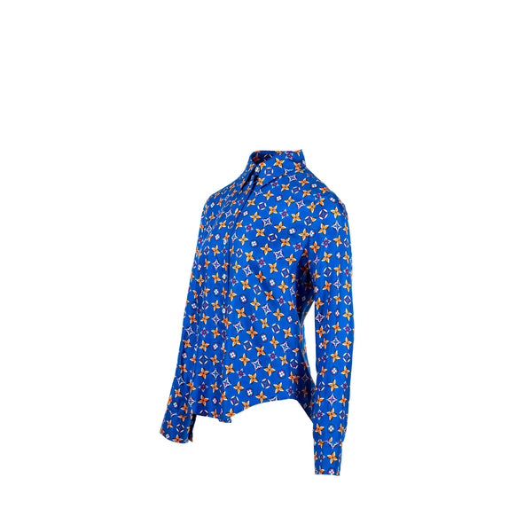 Louis Vuitton Size 38 Monogram Button Down Blouse/Shirt Silk Blue/Multicolour