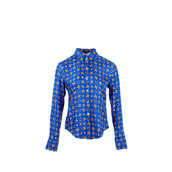 Louis Vuitton Size 38 Monogram Button Down Blouse/Shirt Silk Blue/Multicolour