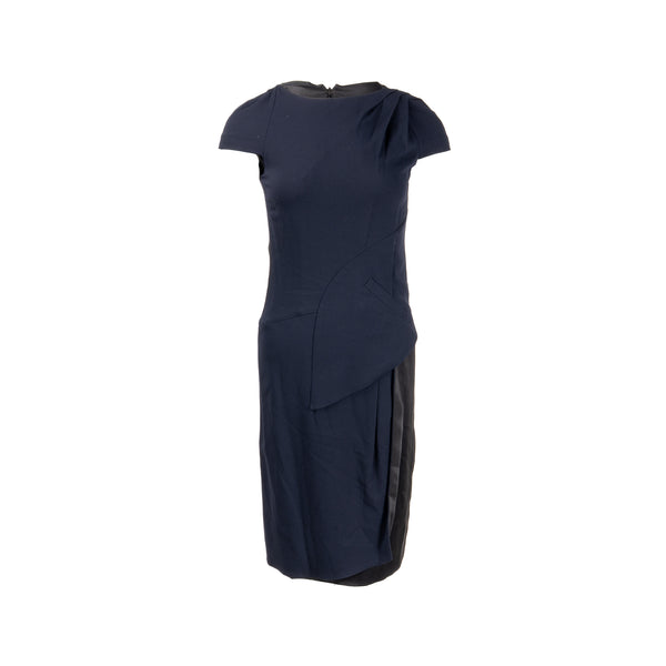 Chanel Size 34 Draped Satin Midi Dress Rayon / Wool Navy/Black