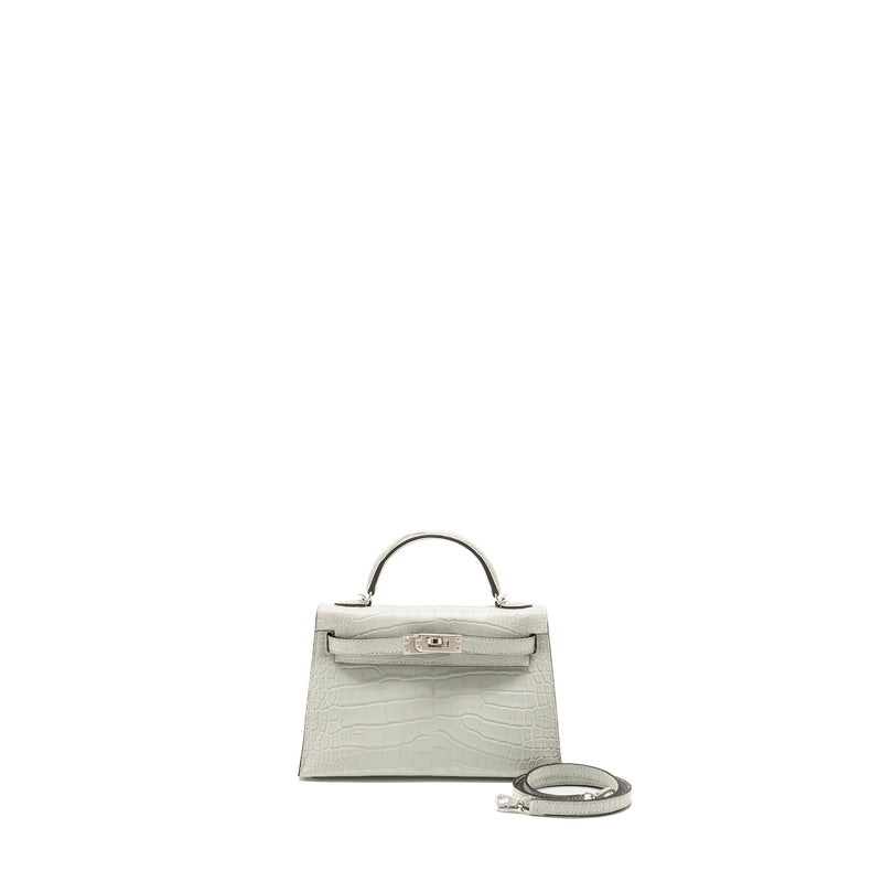 Hermes Mini Kelly II Matte Alligator MIssissippiensis 0W Gris Neve SHW Stamp B