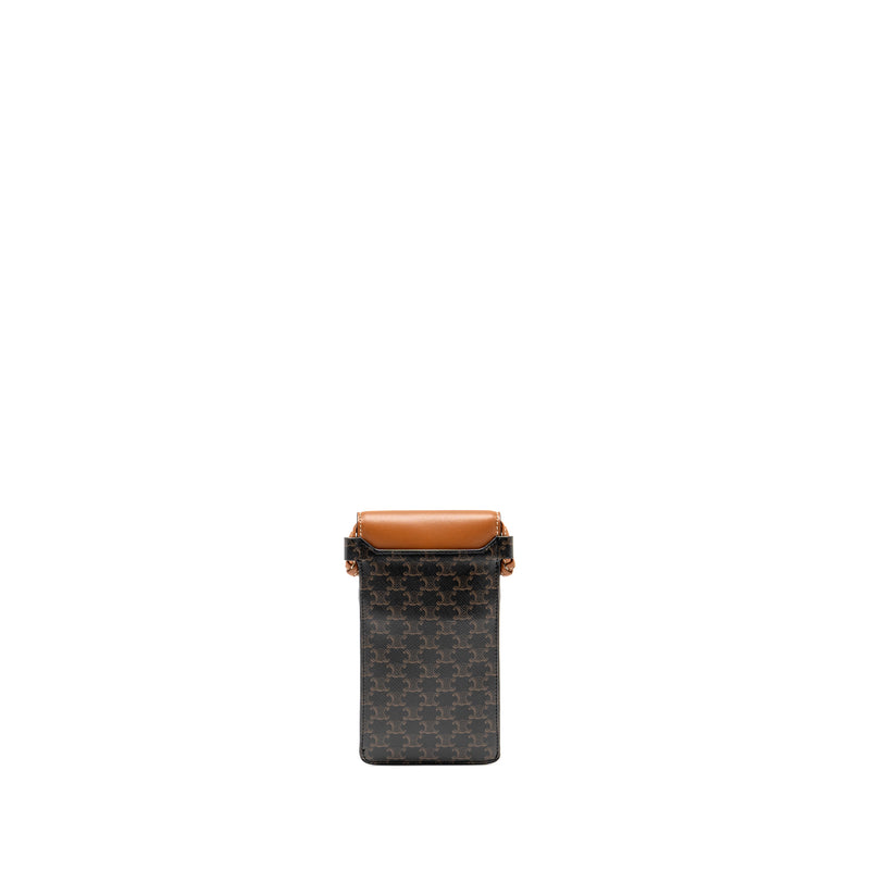 Celine Phone Pouch with Flap Triomphe Canvas /Lambskin Tan Celine Phone Pouch with Flap Triomphe Canvas /Lambskin Tan