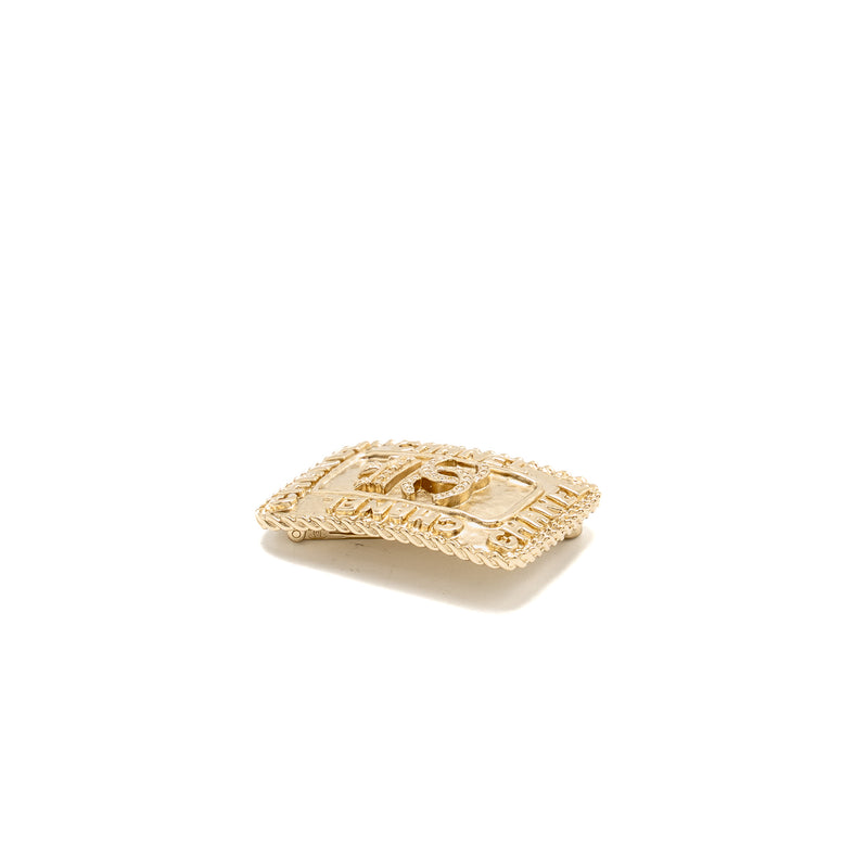 CHANEL CC LOGO AND CROWN METAL PLATE BROOCH BRUSHED Gold Hardware