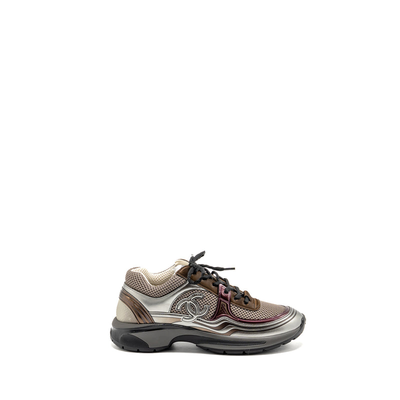 CHANEL SIZE 39 CC LOGO SNEAKERS FABRIC/LAMINATED KHAKI/SILVER/DARK PURPLE