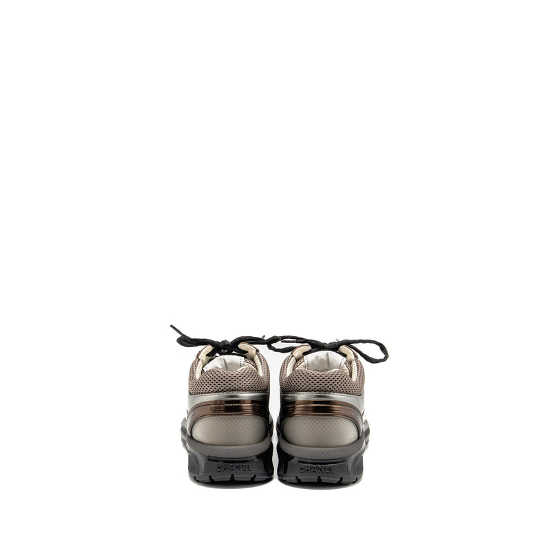 CHANEL SIZE 39 CC LOGO SNEAKERS FABRIC/LAMINATED KHAKI/SILVER/DARK PURPLE