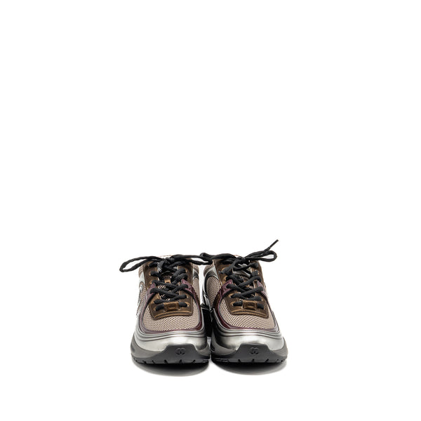 CHANEL SIZE 39 CC LOGO SNEAKERS FABRIC/LAMINATED KHAKI/SILVER/DARK PURPLE