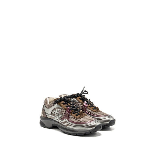 CHANEL SIZE 39 CC LOGO SNEAKERS FABRIC/LAMINATED KHAKI/SILVER/DARK PURPLE