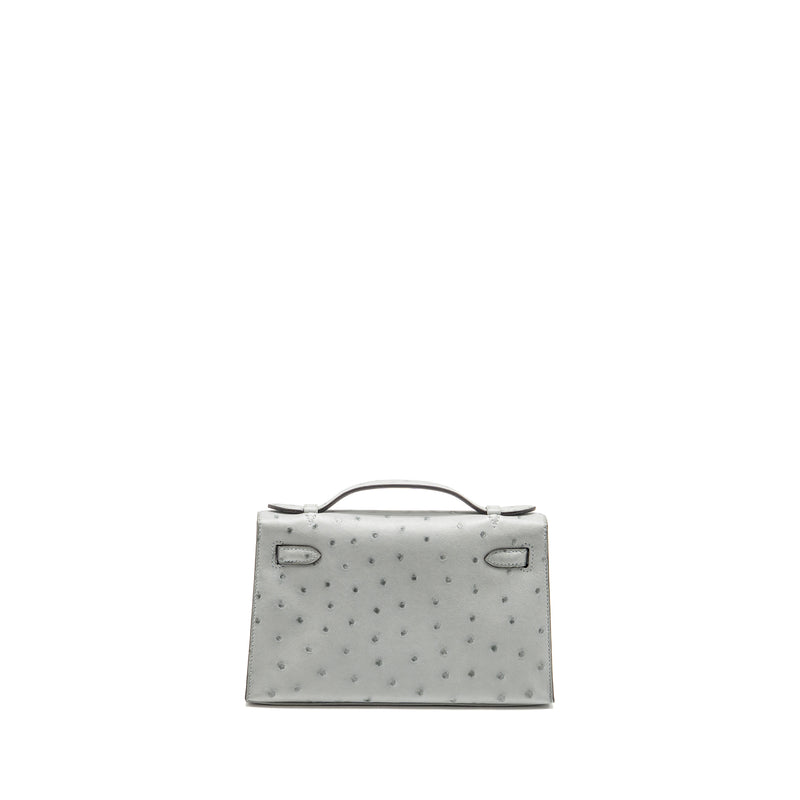 Hermes Kelly Pochette Ostrich Bleu Glacier GHW Stamp K