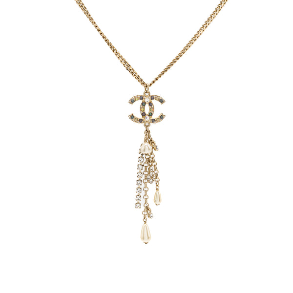 Chanel Pearl and Crystal Drop CC Necklace Multicolour Stones Light Gold Tone