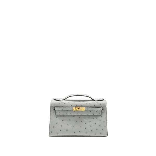 Hermes Kelly Pochette Ostrich Bleu Glacier GHW Stamp K