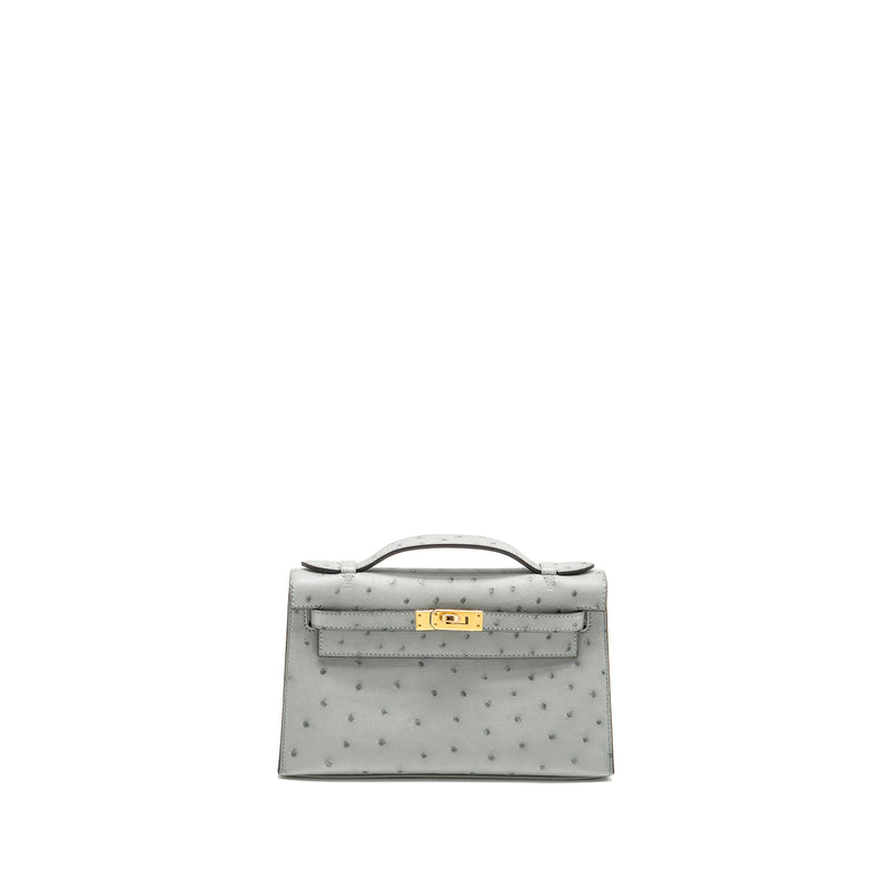 Hermes Kelly Pochette Ostrich Bleu Glacier GHW Stamp K