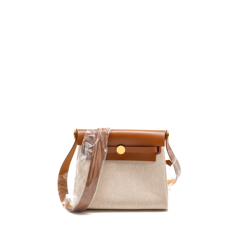 Hermes Herbag Mini Canvas/Hunter Leather Ecru/Beige/Fauve GHW Stamp K