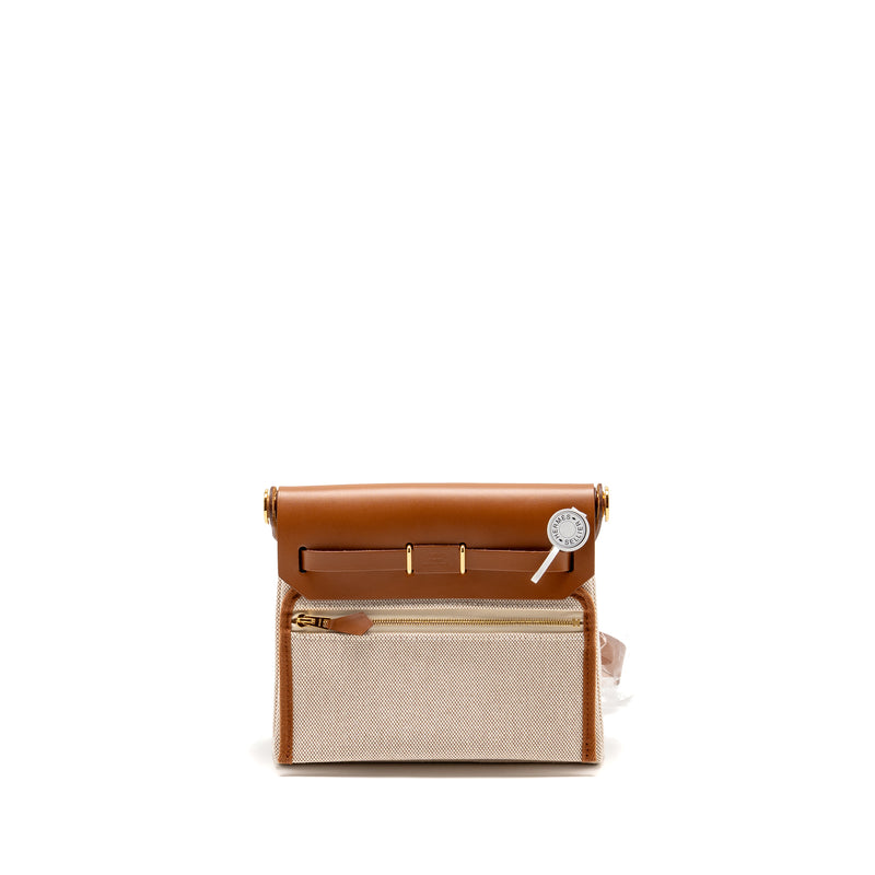Hermes Herbag Mini Canvas/Hunter Leather Ecru/Beige/Fauve GHW Stamp K