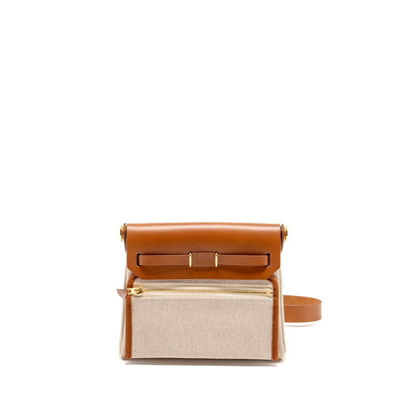 Hermes Herbag MINI Canvas/Hunter Leather Ecru-Beige/ Fauve GHW Stamp W