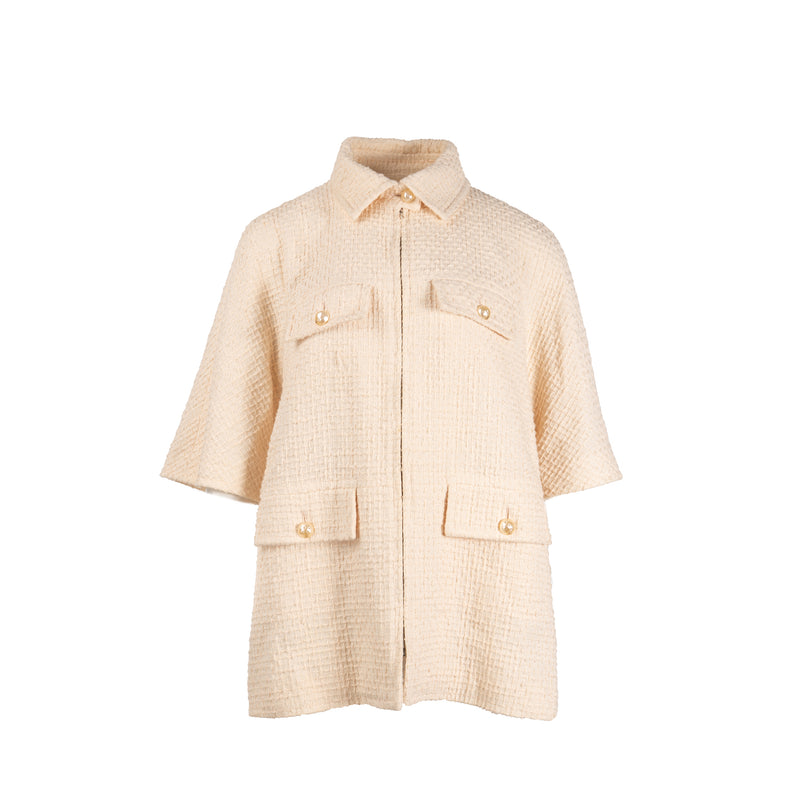 Chanel size 44 pearl button zip up jacket tweed cream