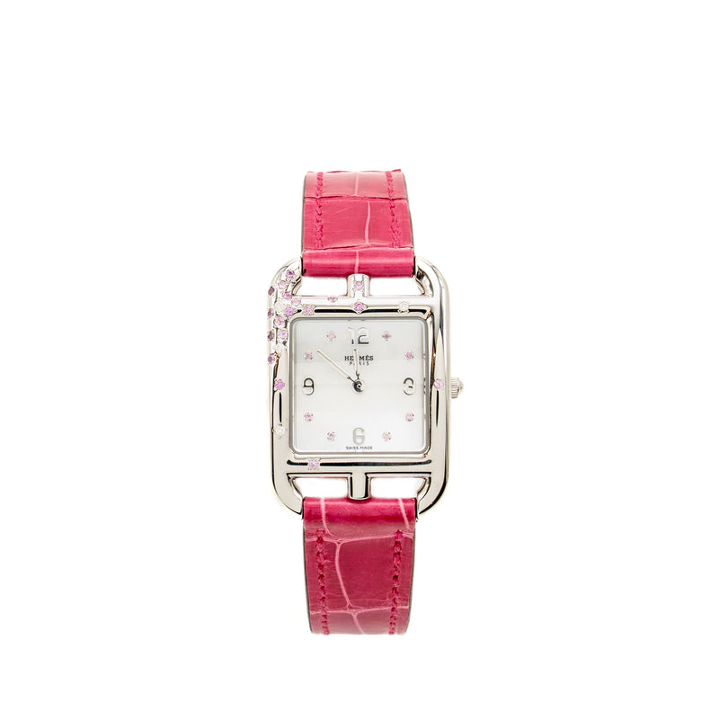 Hermes Cape Cod Watch Small Model 31mm Steel Case, Mother of Pearl Dial with Diamonds Alligator Raspberry Strap