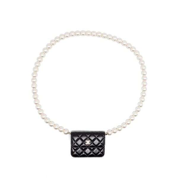 CHANEL Card Holder with Maxi Pearls Chain Lambskin Black LGHW
