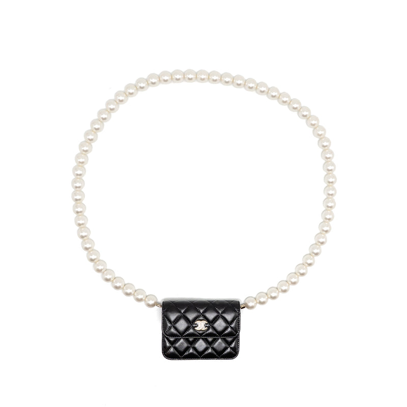 CHANEL Card Holder with Maxi Pearls Chain Lambskin Black LGHW