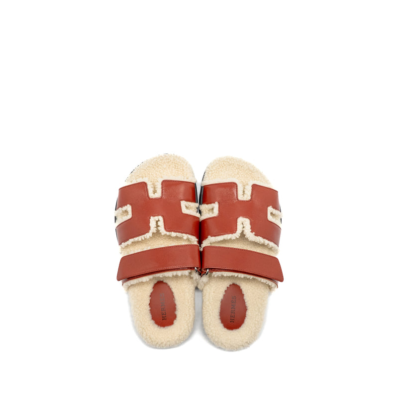 Hermes Size 37 Femme Chypre Sandals Glazed Napa/Shearling Rouge Sanguine/Ecru