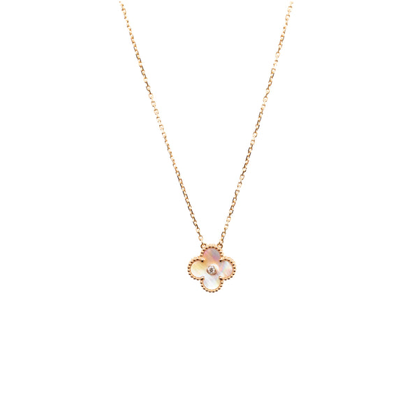 Van Cleef & Arpels 2025 Holiday Vintage Alhambra Pendant, Rose Gold, Pink Mother of Pearl, Diamond