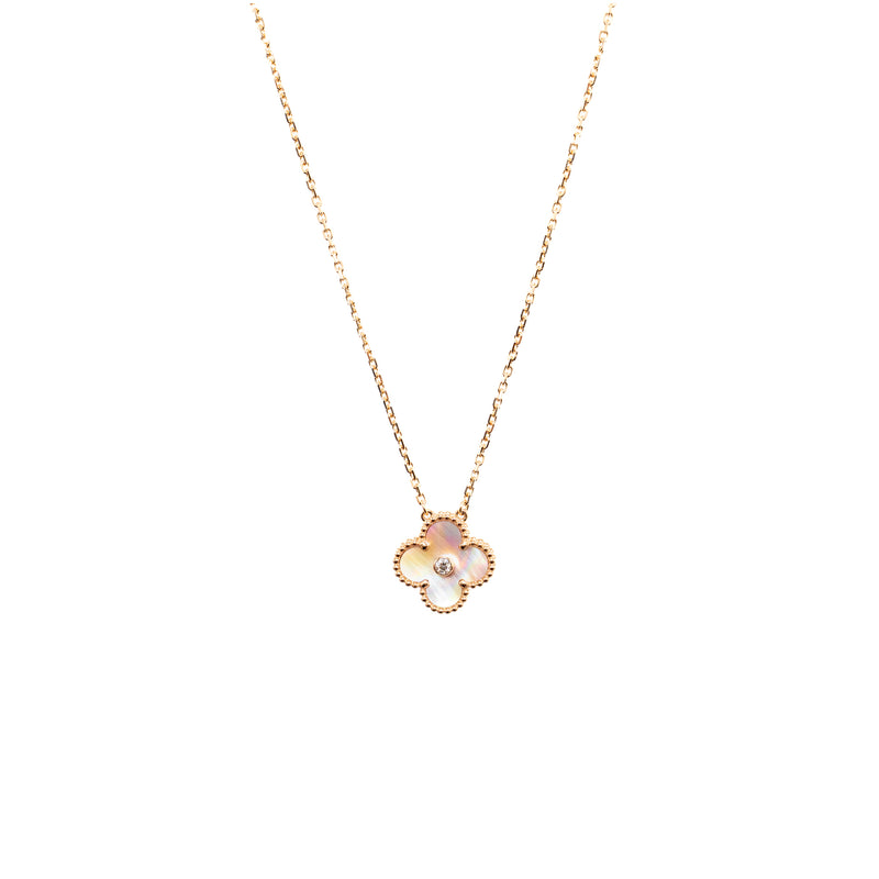 Van Cleef & Arpels 2025 Holiday Vintage Alhambra Pendant, Rose Gold, Pink Mother of Pearl, Diamond