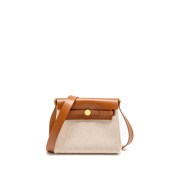 Hermes Herbag MINI Canvas/Hunter Leather Ecru-Beige/ Fauve GHW Stamp W