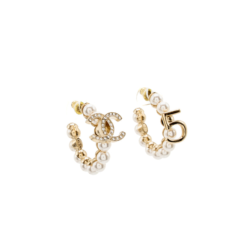 Chanel CC and No 5 Hoop Earrings Pearl/Crystal Light Gold Tone