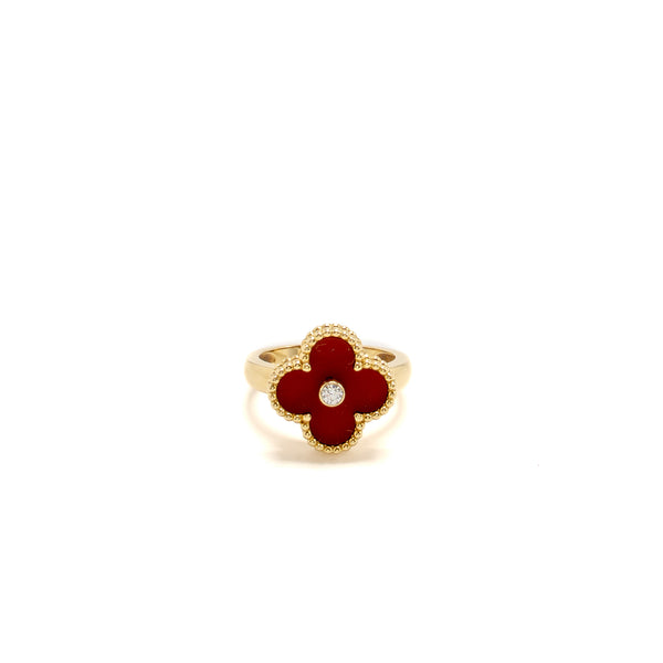 Van Cleef & Arpels Size 50 Vintage Alhambra Ring Yellow Gold, Carnelian, Diamond