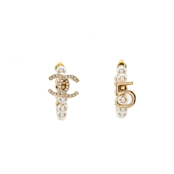 Chanel CC and No 5 Hoop Earrings Pearl/Crystal Light Gold Tone