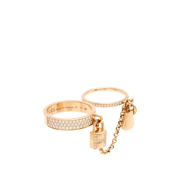Hermes Size 51 Kelly Cadenas Double Ring Rose Gold With Diamonds