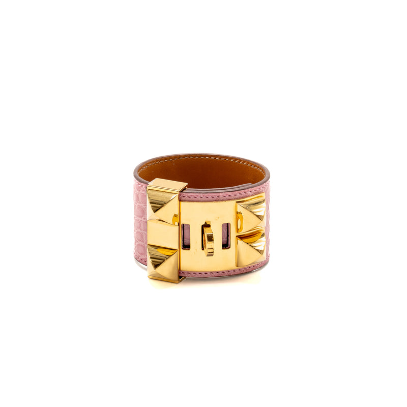 Hermes Size T2 Collier De Chien Bracelet Alligator Mississippiensis Pink GHW Stamp C