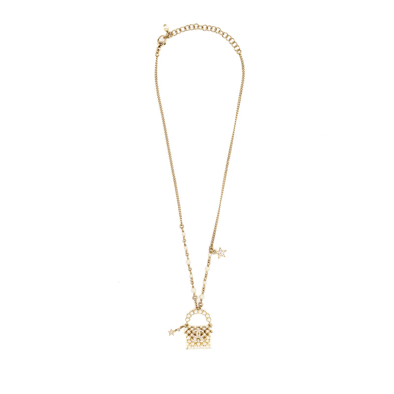 Chanel Mini Pearl Bag Necklace Light Gold Tone