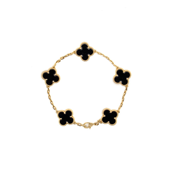 Van Cleef & Arpels Vintage Alhambra 5-Motif Bracelet Yellow Gold, Onyx