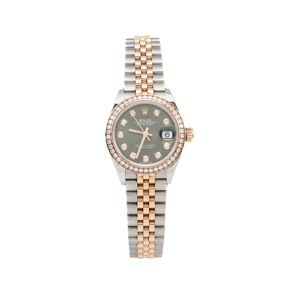 Rolex 28mm Lady-Datejust Oystersteel/Everose Gold/Diamonds, Oliver Green Dial, Jubilee Bracelet, Model: M279381RBR-0007