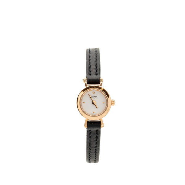 Hermes Faubourg Watch, mini Model, 15mm Rose Gold/Diamond with Black Calfskin Strap