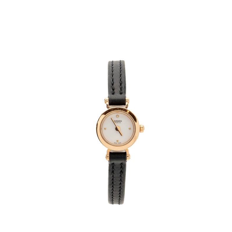 Hermes Faubourg Watch, mini Model, 15mm Rose Gold/Diamond with Black Calfskin Strap