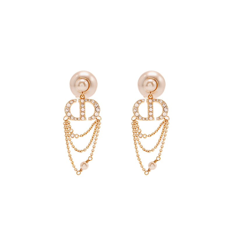 DIOR CD Crystal Dropped and Pearl Earrings Rose Gold Tone
