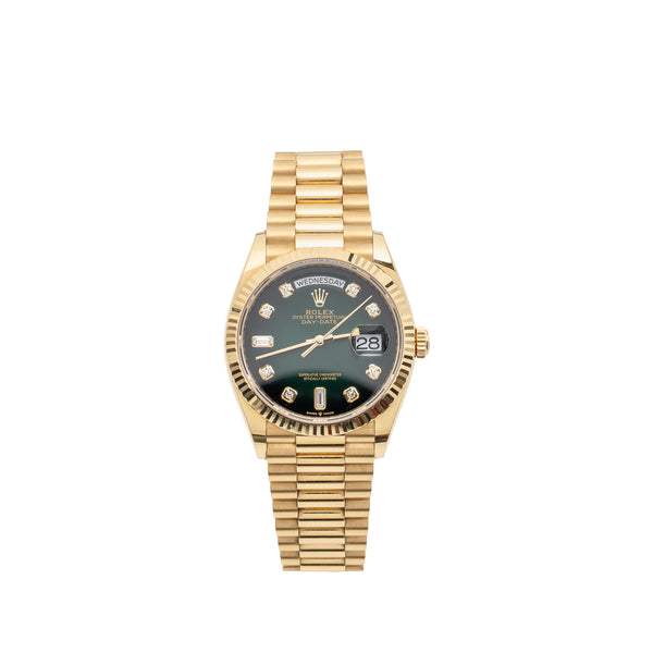 Rolex Day-date 36mm Oyster Perpetual Green Ombré Diamond Set Dial, President bracelet Yellow Gold Model:M128238-0069