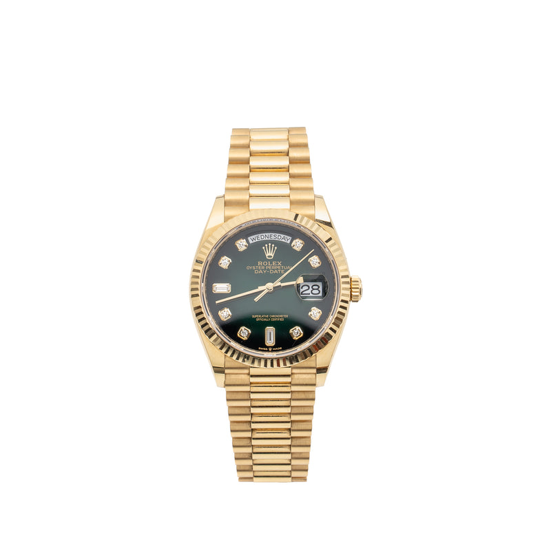 Rolex Day-date 36mm Oyster Perpetual Green Ombré Diamond Set Dial, President bracelet Yellow Gold Model:M128238-0069