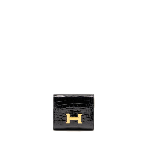 Hermes Constance Compact Wallet Shiny Alligator Mississippiensis Black GHW Stamp A