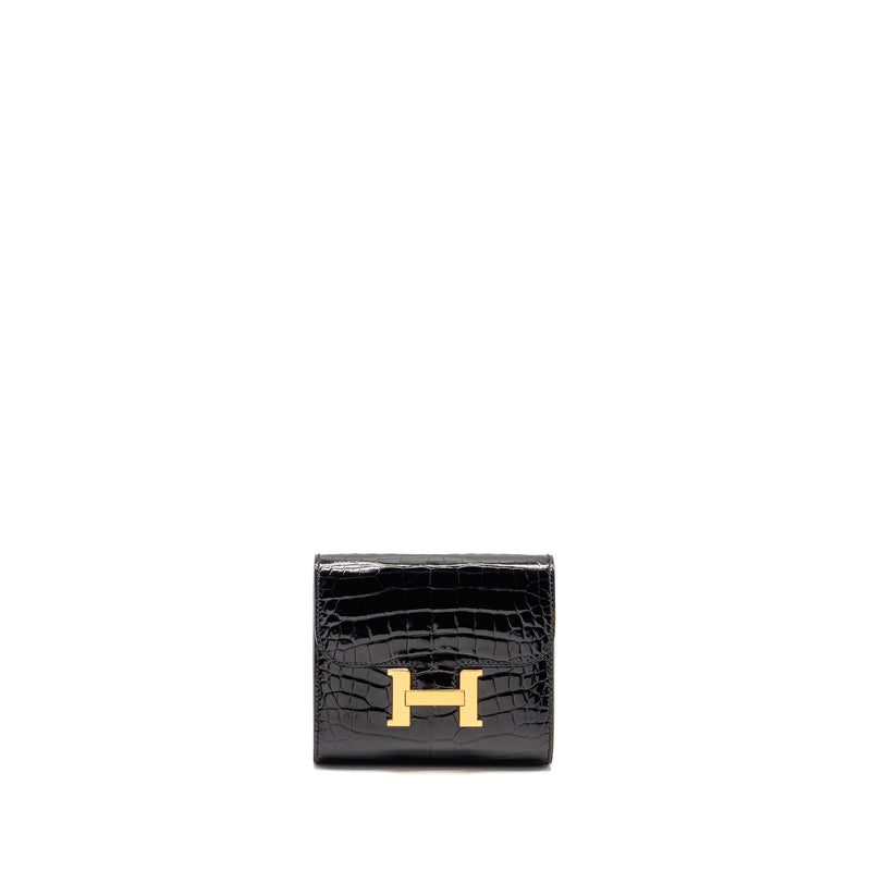 Hermes Constance Compact Wallet Shiny Alligator Mississippiensis Black GHW Stamp A