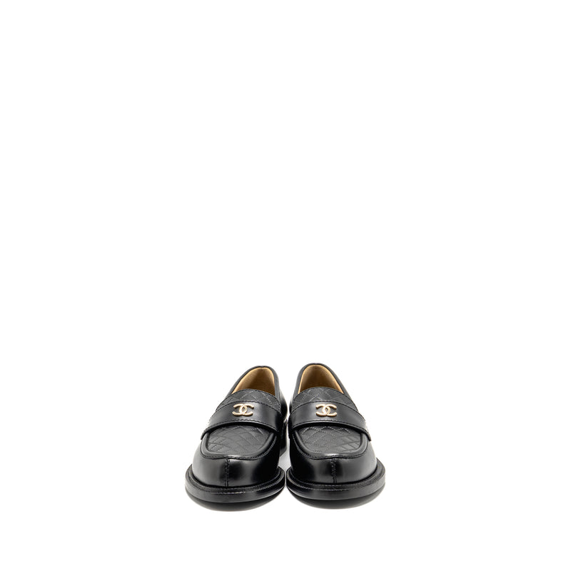 Chanel Size 37.5 CC Quilted Loafers Leather Black LGHW