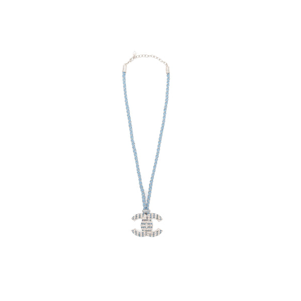 Chanel Giant CC logo necklace with crystal blue silver tone