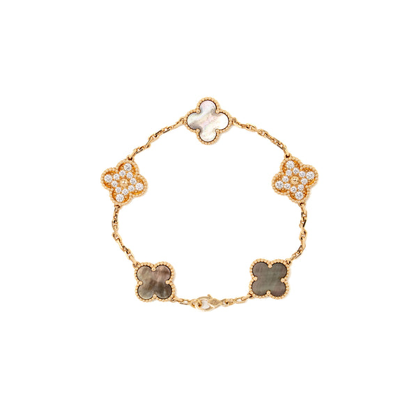 Van Cleef & Arpels Vintage Alhambra Bracelet 5 Motifs Grey Mother of Pearl with Diamonds