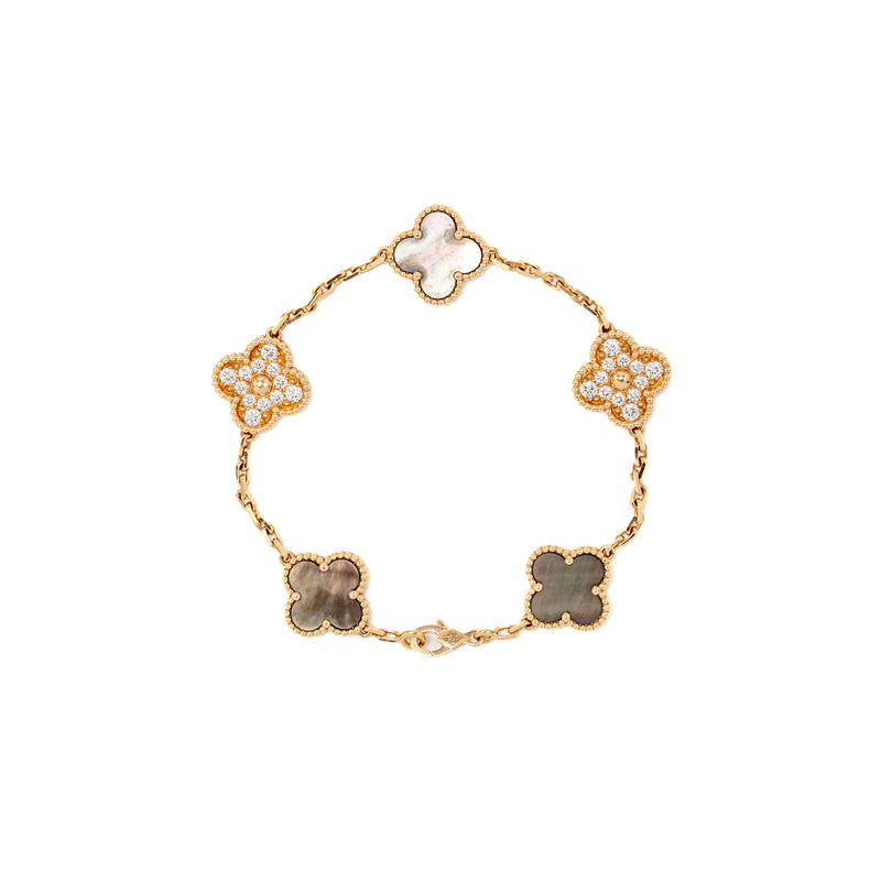 Van Cleef & Arpels Vintage Alhambra Bracelet 5 Motifs Grey Mother of Pearl with Diamonds