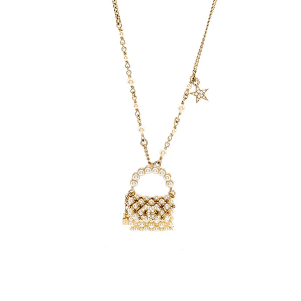 Chanel Mini Pearl Bag Necklace Light Gold Tone