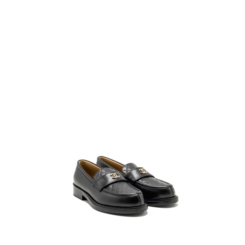 Chanel Size 37.5 CC Quilted Loafers Leather Black LGHW